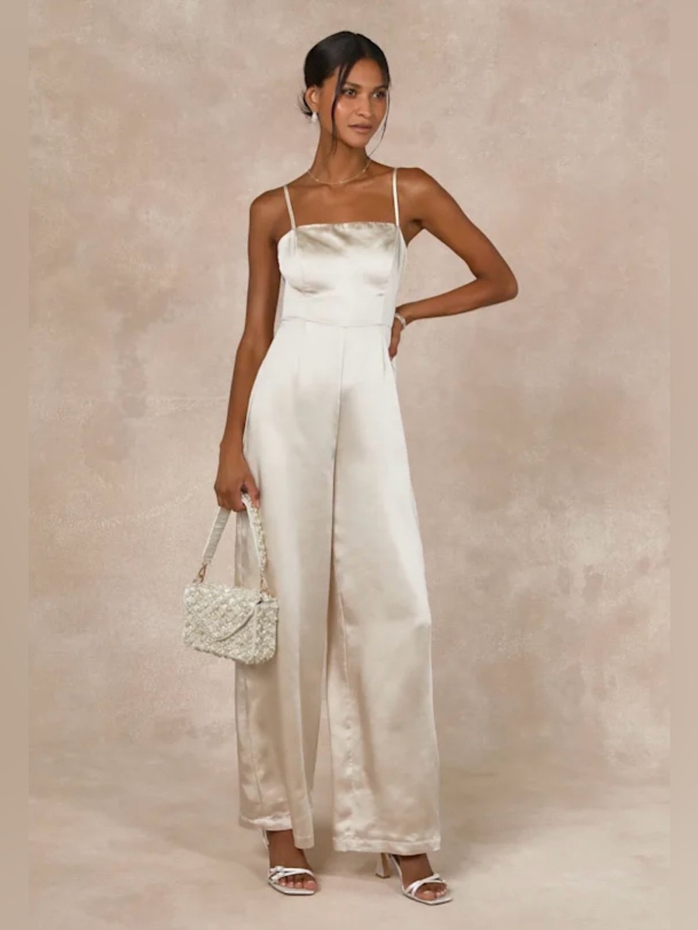 Lulu's Satin Wide-Leg Jumpsuit in Ivory Retro Wedding